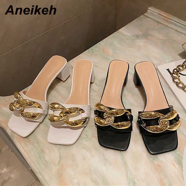 

aneikeh square open toe low heels slip-on slippers pu metal decoration fashion solid ladies summer sandalias de las mujeres 210615, Black