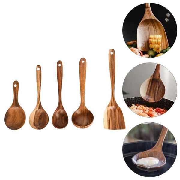 

spoons 1 set 5pcs wood cutlery non-stick spatulas soup scoops (coffee)
