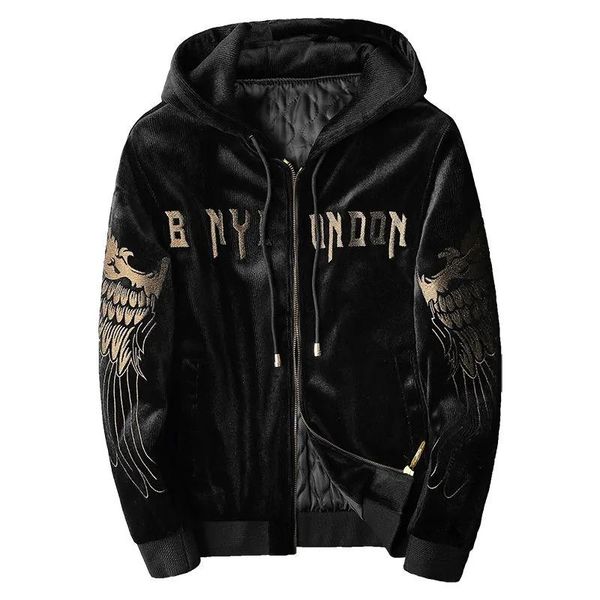 

men's jackets 2021 black corduroy cotton padded jacket fashion eagle embroidery hooded coat for male, Black;brown