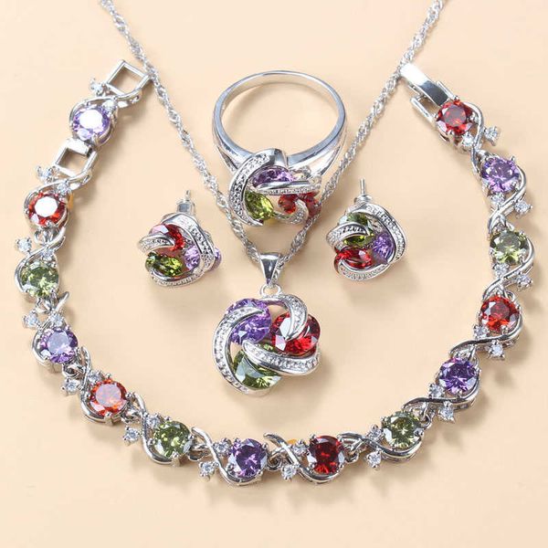 

wedding accessories women's earring and ring jewelry sets colorful cubic zircon bridal jewelry h1022, Silver