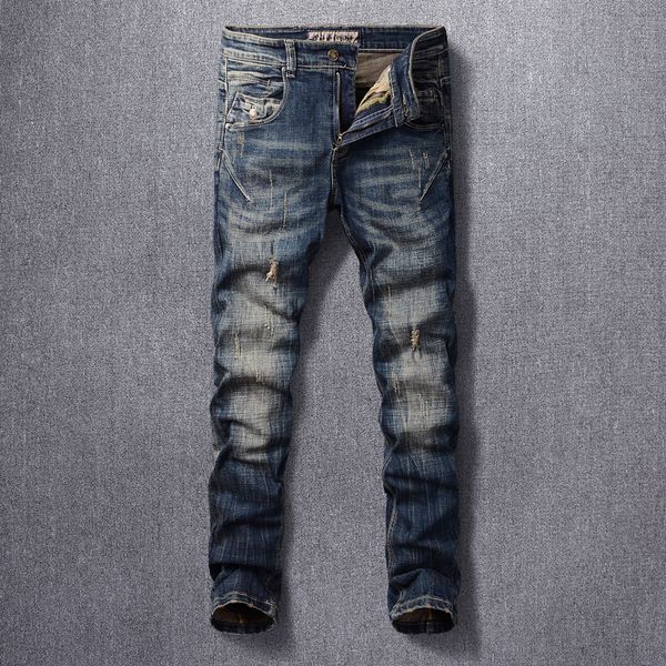 

2021 new fashion streetwear men jeans retro black blue spliced patchwork hip hop pants vintage designer slim ripped trousers 3r