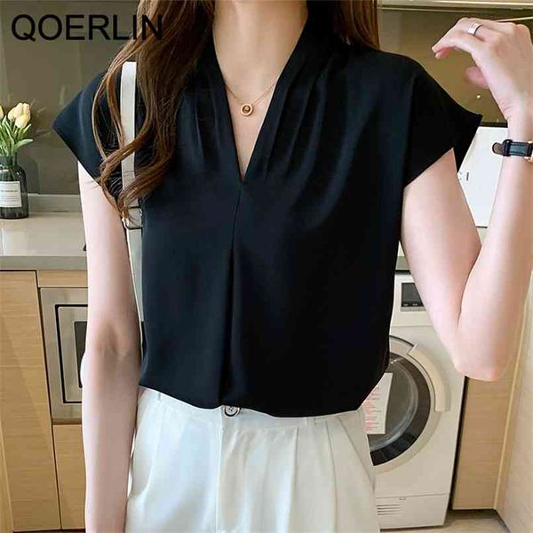 

black white shirt female summer satin korean v-neck blouse chic ol style formal chiffon s plus size 210601