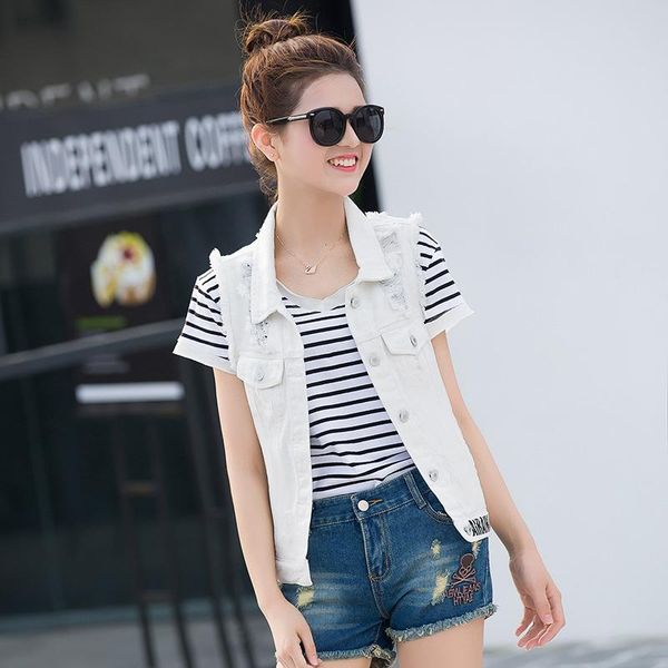 

women's vests fashion nice denim vest female spring summer white hole jacket sleeveless jeans woman clothing blusas a558, Black;white