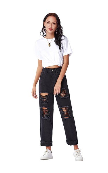 

women's jeans women black ripped adults solid color high waist straight-leg pants with pockets unique design and comfortable s  l xl, Blue
