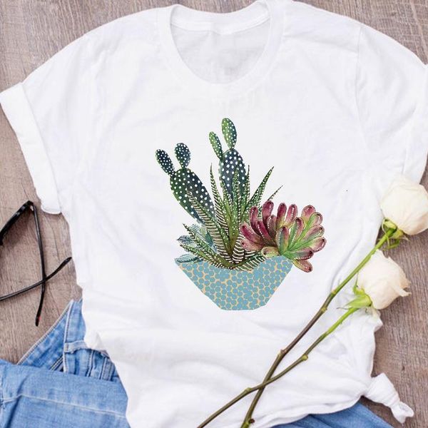 

women graphic plant cactus fashion cute streetwear 90s clothes lady clothing tees print female t shirt womens t-shirt, White