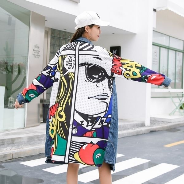 

cartoon new spring printed cowboy patchwork loose long big size denim windbreaker women coat fashion trench tide b445 201103, Tan;black