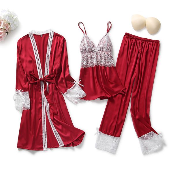 

new women pajamas sets satin sleepwear silk 3 pieces nightwear pyjama spaghetti strap lace sleep lounge pijama with chest pads, Black;red