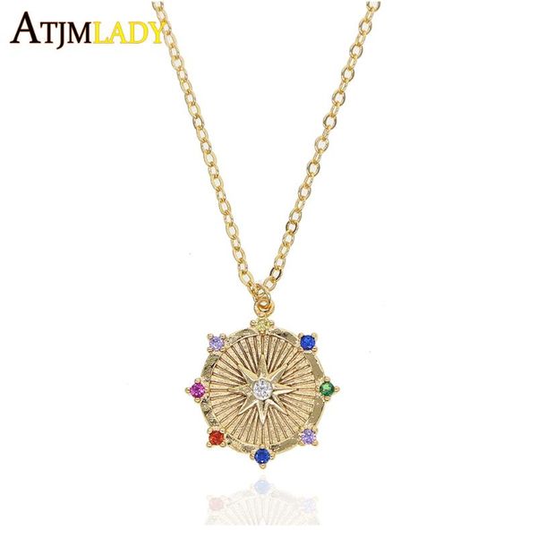 

pendant necklaces 2021 colorful round cz star signet coin necklace gold filled rainbow engraved modern simple jewels, Silver