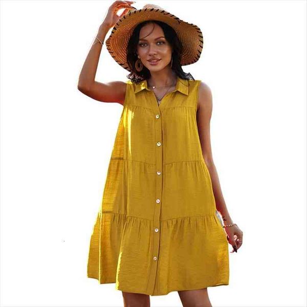 

turn down collar office women dress shirt single breasted sleeveless summer plus size loose casual a line vestidos, Black;gray