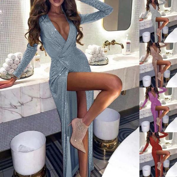 

casual dresses deep v-neck long sleeve maxi dress slim fit high split glitter wrap party for bar, Black;gray