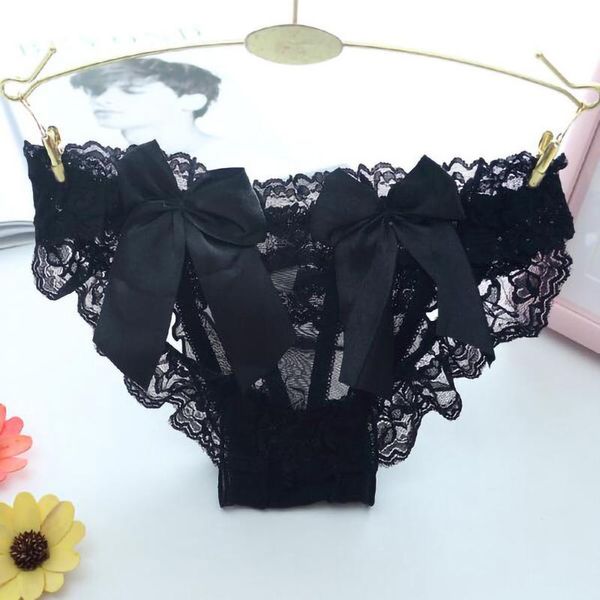 

women's panties bowknot lace underwear transparent lingerie woman hollow out breathable briefs thongs, Black;pink