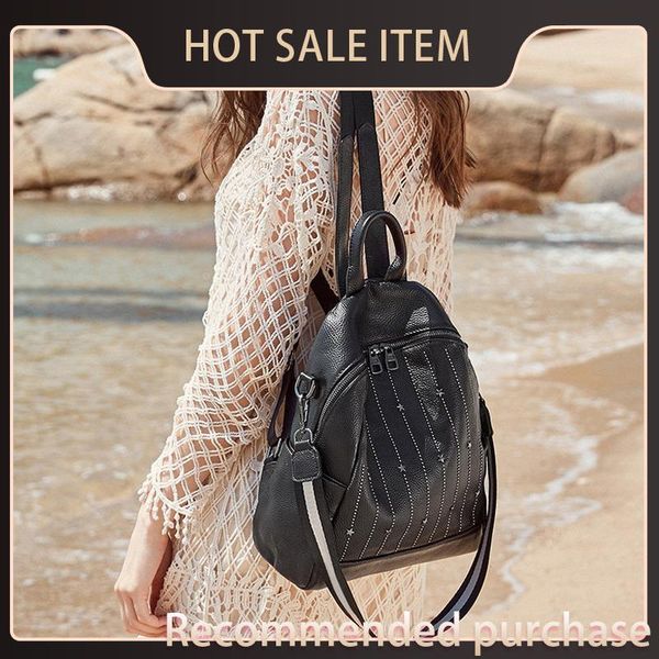 

travel for genuine leather black style backpack casual women rivets preppy zency schoolbag daily 100% beach bag ndxot, Red;black