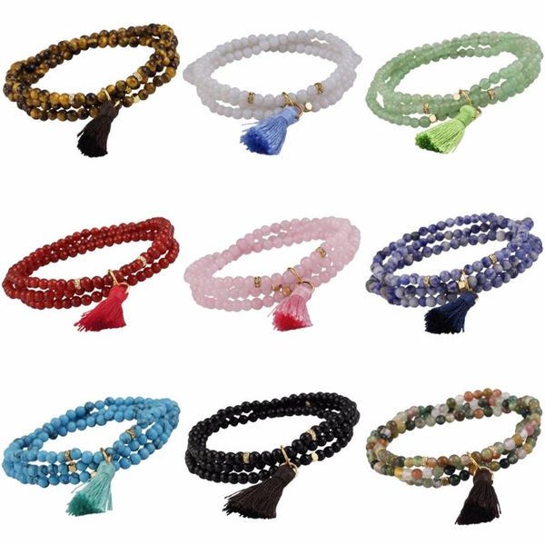 

beaded, strands sunyik 4mm natural crystal stone beads 3 layers beaded ethnic customs bracelet with charm tassel for women lady, Black