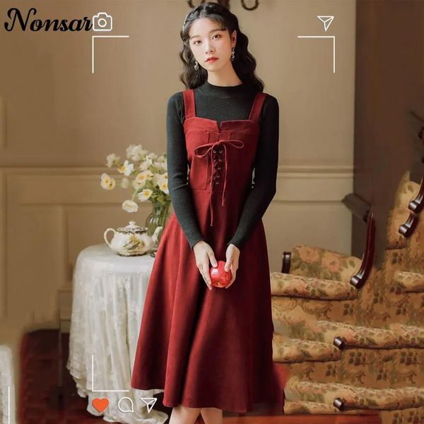 

casual dresses nonsar autumn female corduroy dress korean style retro sleeveless long solid color forest all-match cothing, Black;gray