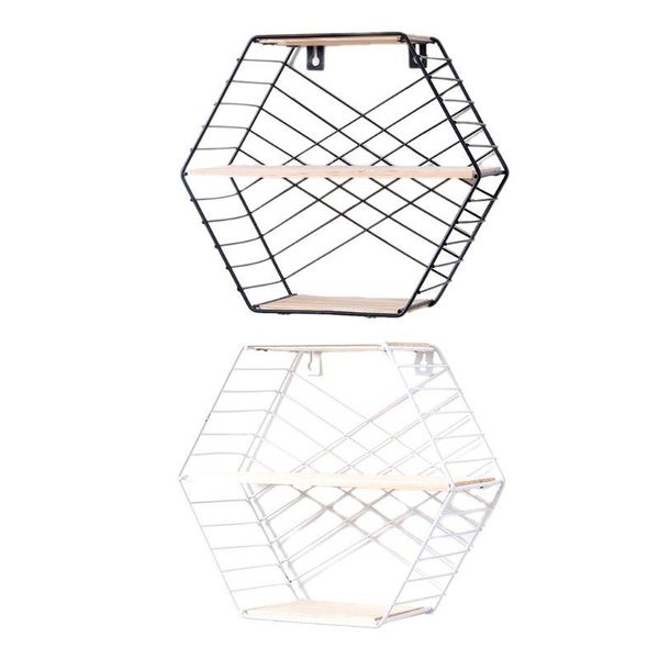 

wall mounted floating shelf modern simple geometry wood metal wire hexagon plant flower storage shelves display perfect decor