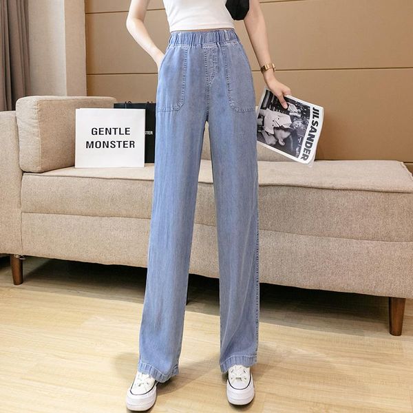 

women's jeans women elegant straight loose denim pants 2021 summer casual high waist wide leg trousers elastic full length pant, Blue