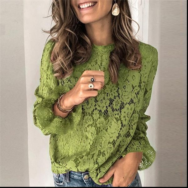 

spring summer o neck floral lace shirt female elegant flare long sleeve blouse shirts women hollow out mesh blusa xxxl, White