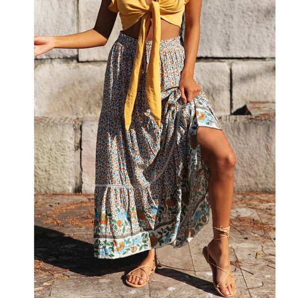 

2021 new khaki cotton floral print maxi skirt women summer beach wear vintage elastic waist skirts rayon casual long faldas ynnl, Black