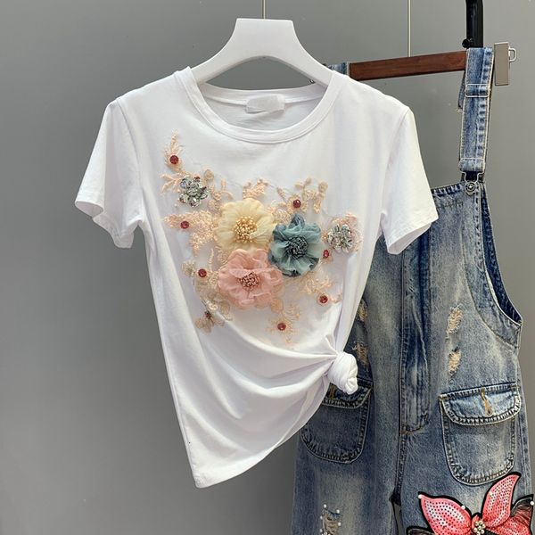 

women t-shirt new korean style all-match maple three-dimensional frizzy flower lantejoula manga curta tee lnew, White