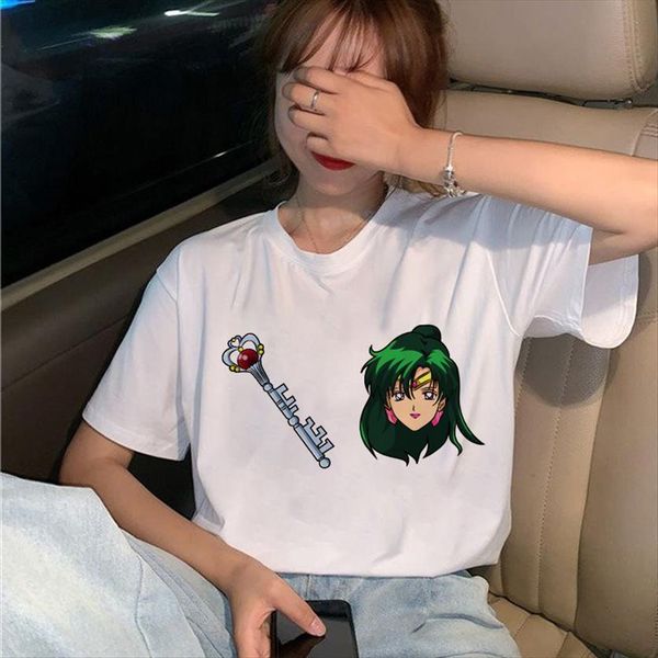 

moon anime harajuku womens t shirts short sleeve cartoon print kawaii fashion graphic tee, White