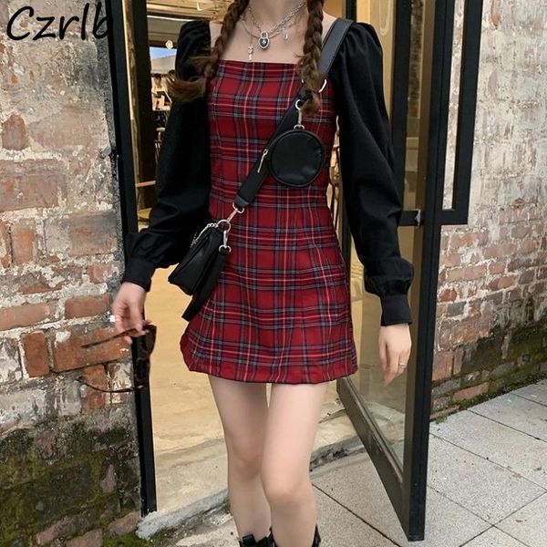 

casual dresses dress women sweet plaid autumn chic vintage square collar design fashion french style daily puff sleeve elegant mini leisure, Black;gray