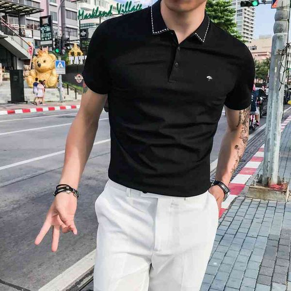 

summer polo short sleeve slim fit fashion brand lapel t-shirt british embroidery ice silk men's paul shirt, White;black