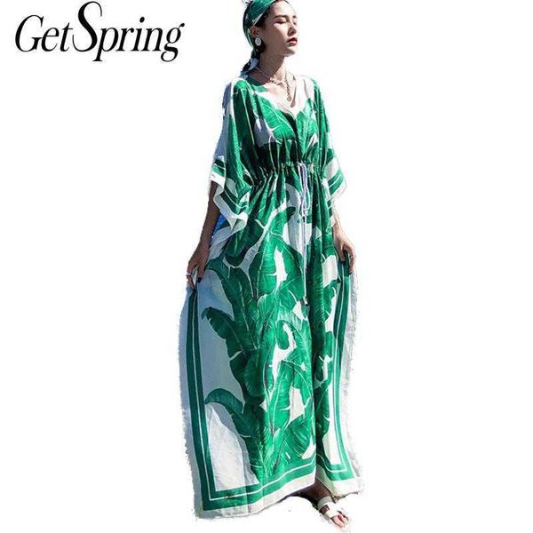 

getspring women dress batwing sleeve v-neck drawstring print dresses long chiffon vintage 210601, Black;gray