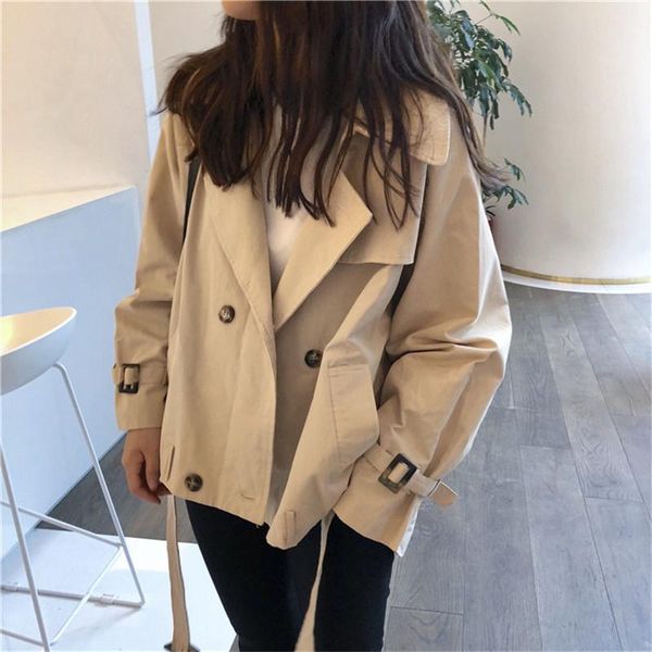 

women's trench coats korean style women short coat fashion loose khaki cropped windbreaker overcoat with belt ladies, Tan;black