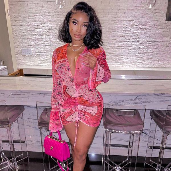

casual dresses long sleeve dress women fashion shirring flare draw string tight buttocks printing deep v-neck mini, Black;gray