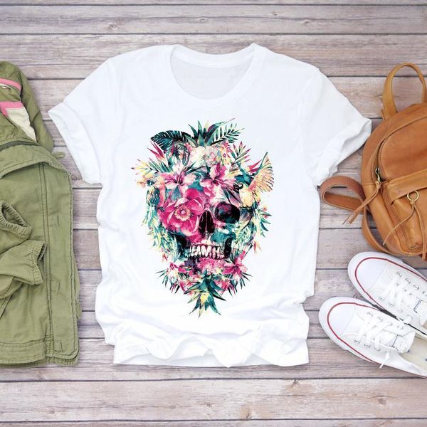 

women cartoon skull floral 90s short sleeve halloween print lady t-shirts womens graphic t shirt ladies female tee t-shirt, White