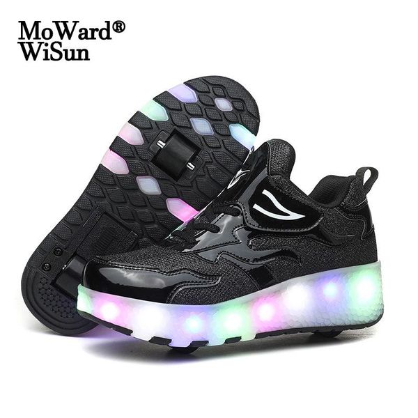 

size 28-40 luminous roller shoes for kids boys girls glowing led sneakers on wheels usb charging children skate shoe with lights, Black