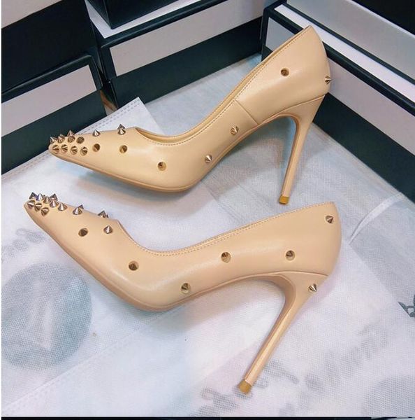 

rivet pointed toe high heels single shoes 2021 spring and summer new leather mid-stiletto shallow mid-heel women's shoes size:eu34-41, Black