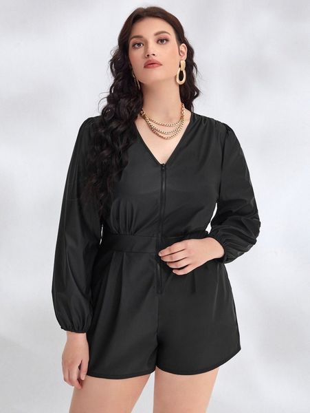 

plus bishop sleeve zip up pu leather romper l805#, Black