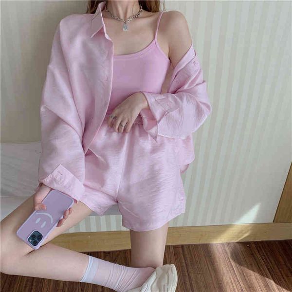

women's two piece pants suit women retro chic fashion two-piece loose shirt summer 2021 casual shorts d7ym, White