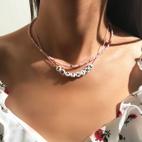 

nz1165 fashion jewelry creative pink bead necklace simple letter sunshine clavicle chain, Silver