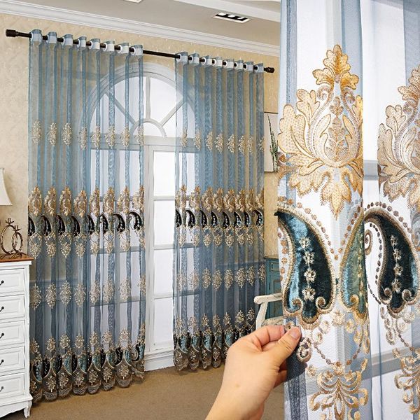 

curtain & drapes luxury blue european velvet embroidery tulle for living room villa glass french window screen panel high grade wp019e