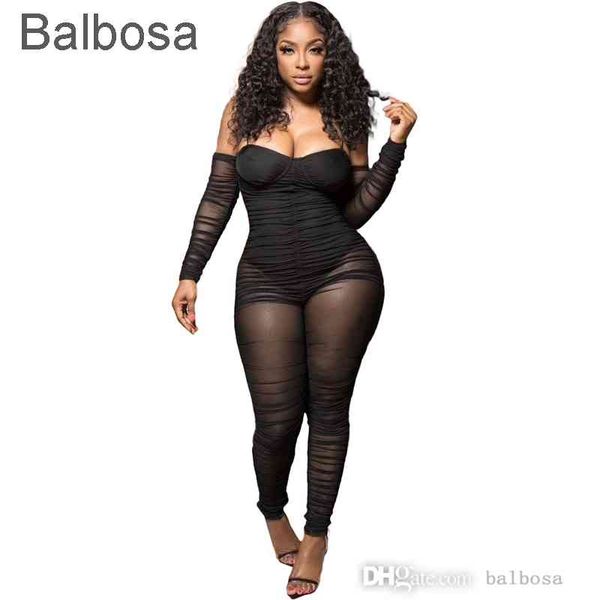 

women desihner jumpsuits solid color nightclub suspender mesh rompers long sleeve leggings bodysuit, Black;white