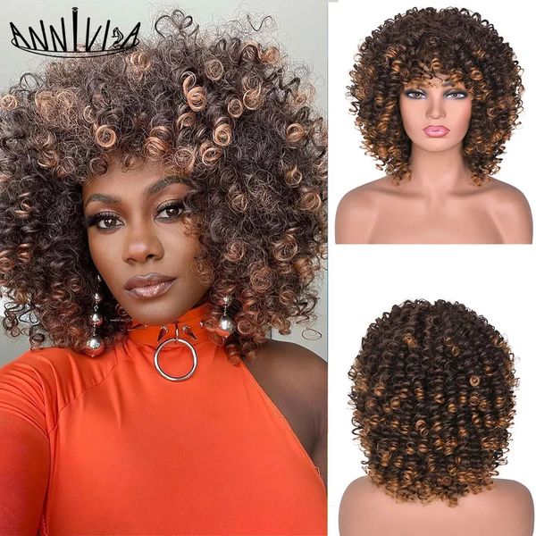 

short curly afro wigs with bangs for black women african synthetic ombre glueless natural brown wig high temperature 14