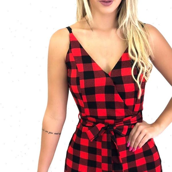 

38 women romper plaid pocket belt tie up fit v neck wide leg shorts jumpsuit playsuit summer sleeveless romper jumpsuit, Black;white