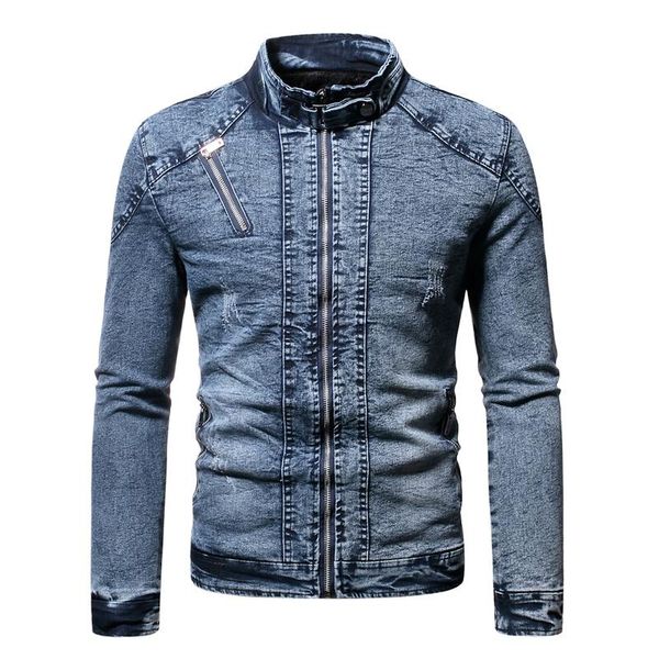 

men's jackets stand collar zipper denim jacket 2021 winter fashion casual slim blue black fleece thick coats streetwear, Black;brown