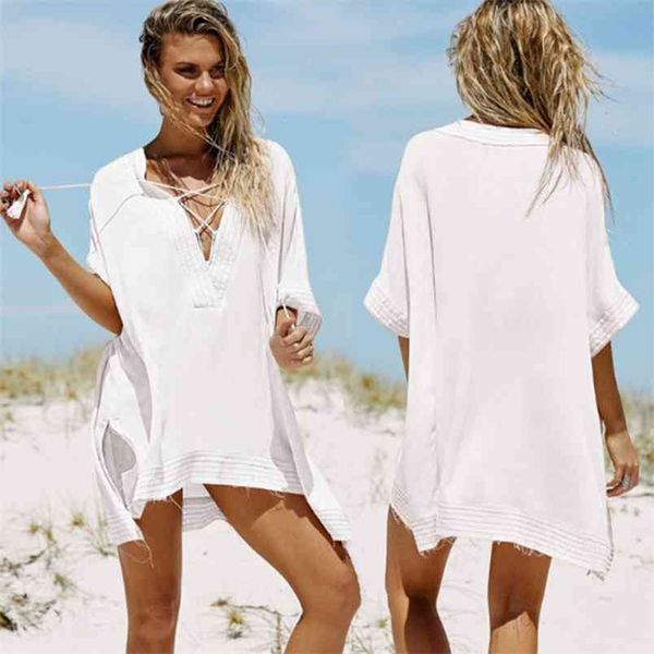 

white beach cover up tassel bandage hollow out v-neck half sleeve asymmetry lady loose bikini dress swimsuit 210604, Black;gray