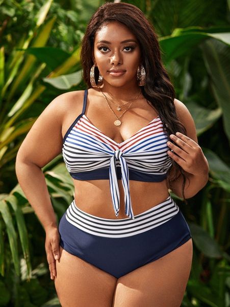 

plus striped knot bust bikini swimsuit a9mr#, Black