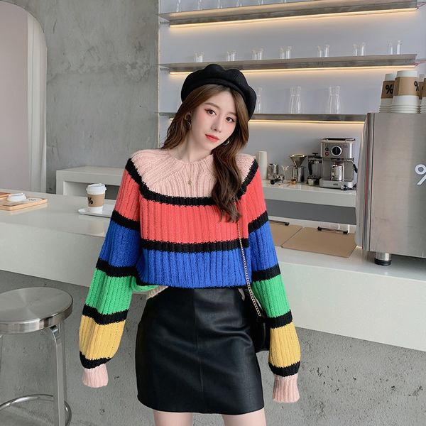 

2021 new raiow contrast color striped women autumn japanese sweet girly style sweater round neck pullover 3032, White;black