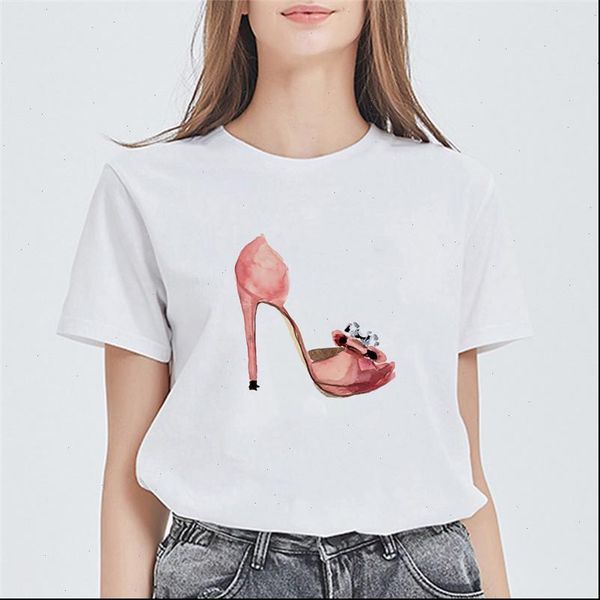 

fashion new women t shirt tee shirts pink high heel printed vogue tee streetwear female t shirts round neck, White