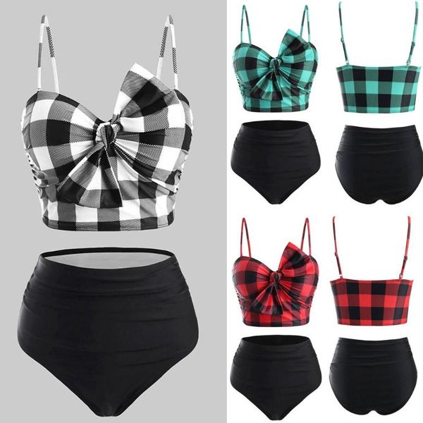 

women push-up padded bikin set plaid bowknot push up tankini swimwear cross straps skull summer high waisted bathing suit 2021