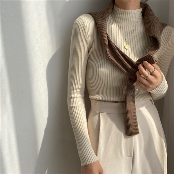 

knitted pullovers women sweaters 2021 new autumn spring ol solid turtleneck sweater winter basic bottoming 12 colors e3jl, White;black