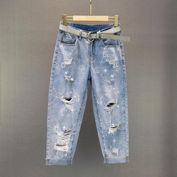 

women's jeans rhinestone ripped thin for women 2021 summer high waist loose and slimming cropped pants baggy, Blue