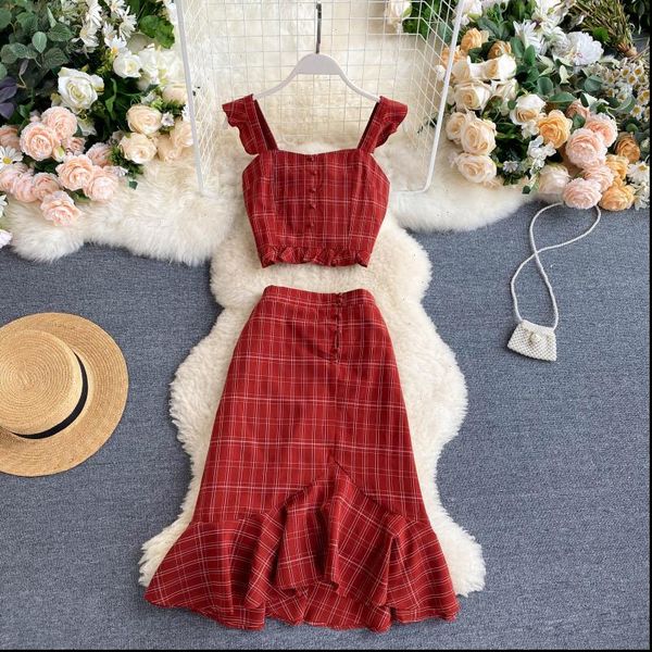 

singrain women plaid suits summer college style button ruched elastic bodycon irregular ruffle skirt vintage two pieces set, Gray