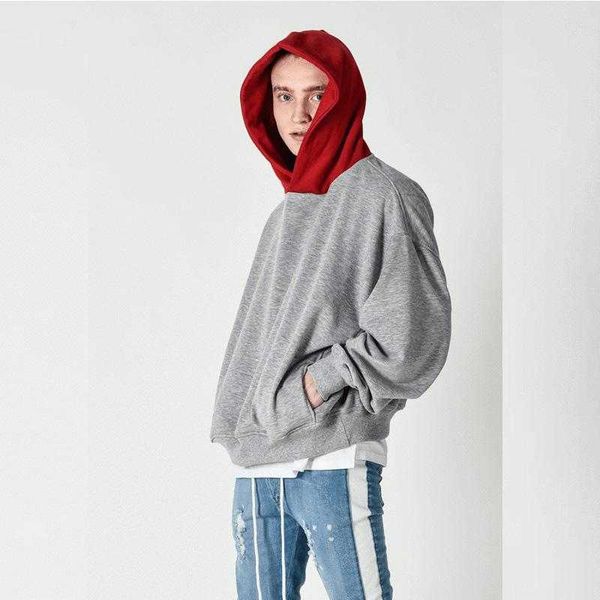 

men's hoodies & sweatshirts gray hooded casual pullover spring hoodie contrast color mens hip hop streetwear long sleeve male, Black