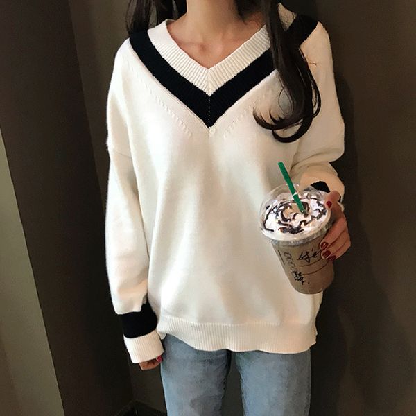

2021 new patchwork autumn spring sweaters for women korean style oversized knitted pullovers female v neck casual jumpers ladies e487, White;black